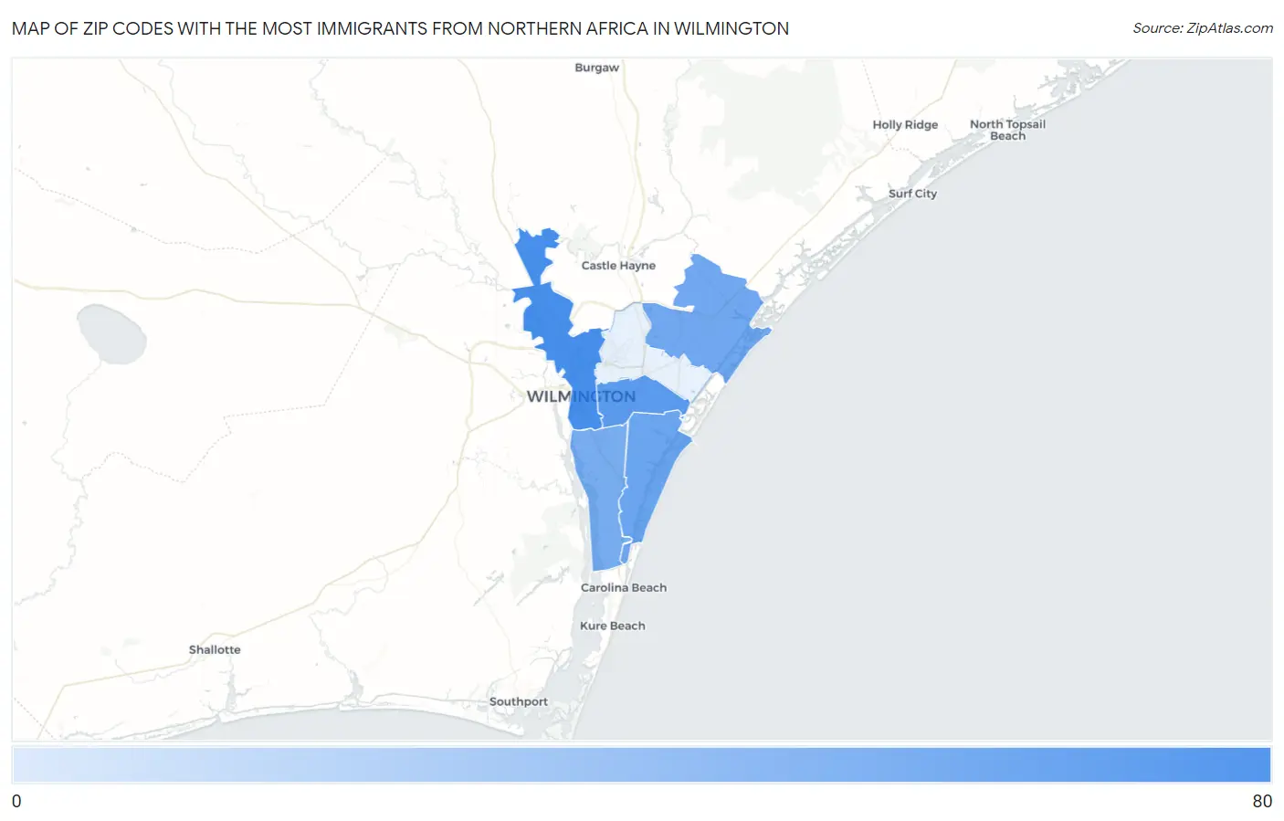 Zip Codes with the Most Immigrants from Northern Africa in Wilmington Map