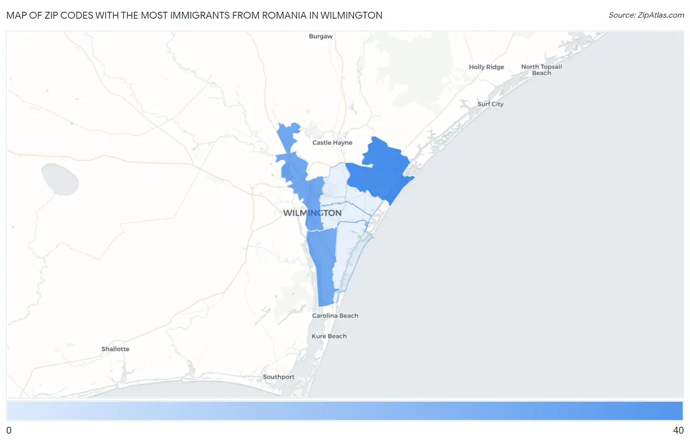 Zip Codes with the Most Immigrants from Romania in Wilmington Map