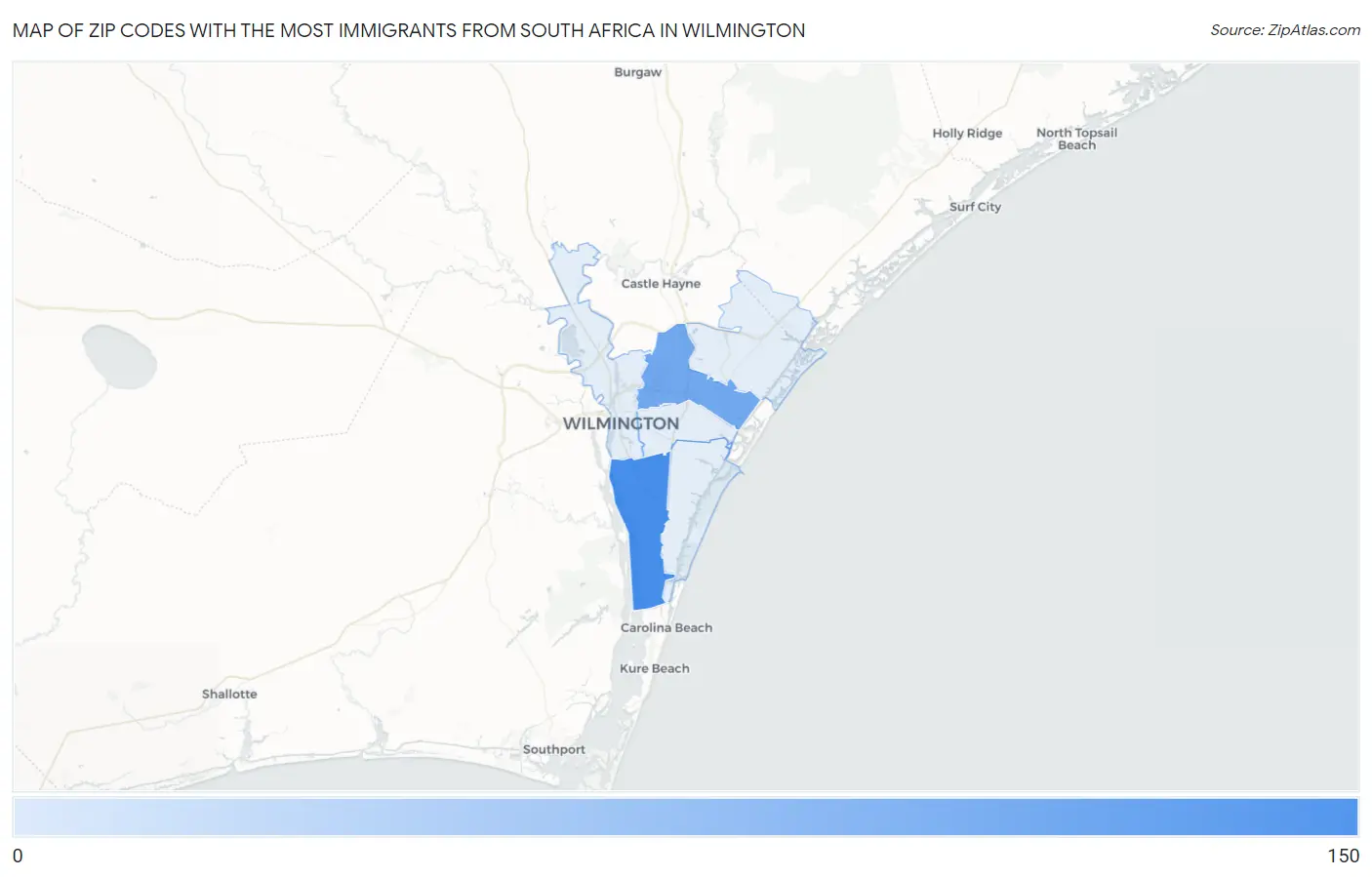 Zip Codes with the Most Immigrants from South Africa in Wilmington Map