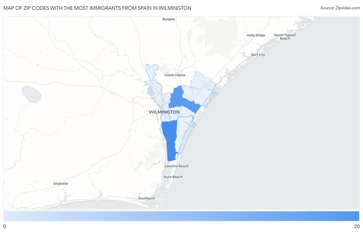 Zip Codes with the Most Immigrants from Spain in Wilmington Map