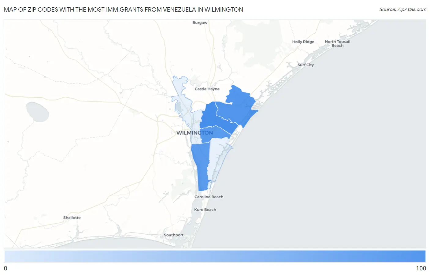 Zip Codes with the Most Immigrants from Venezuela in Wilmington Map