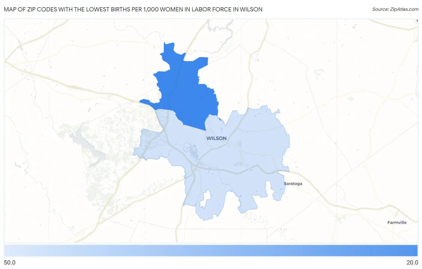 Zip Codes with the Lowest Births per 1,000 Women in Labor Force in Wilson Map