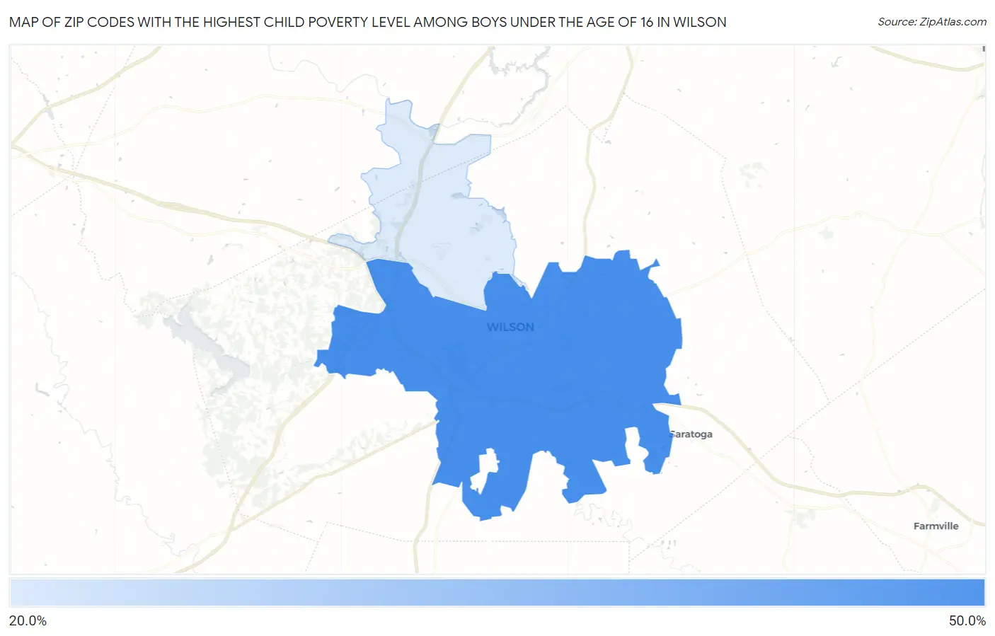 Zip Codes with the Highest Child Poverty Level Among Boys Under the Age of 16 in Wilson Map
