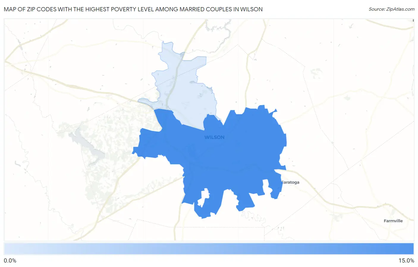 Zip Codes with the Highest Poverty Level Among Married Couples in Wilson Map