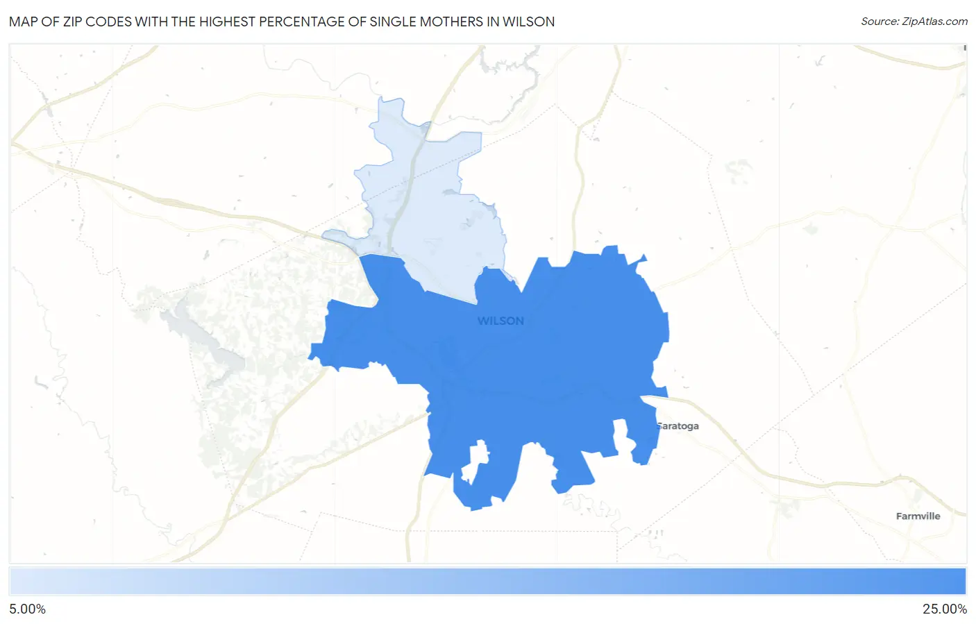 Zip Codes with the Highest Percentage of Single Mothers in Wilson Map