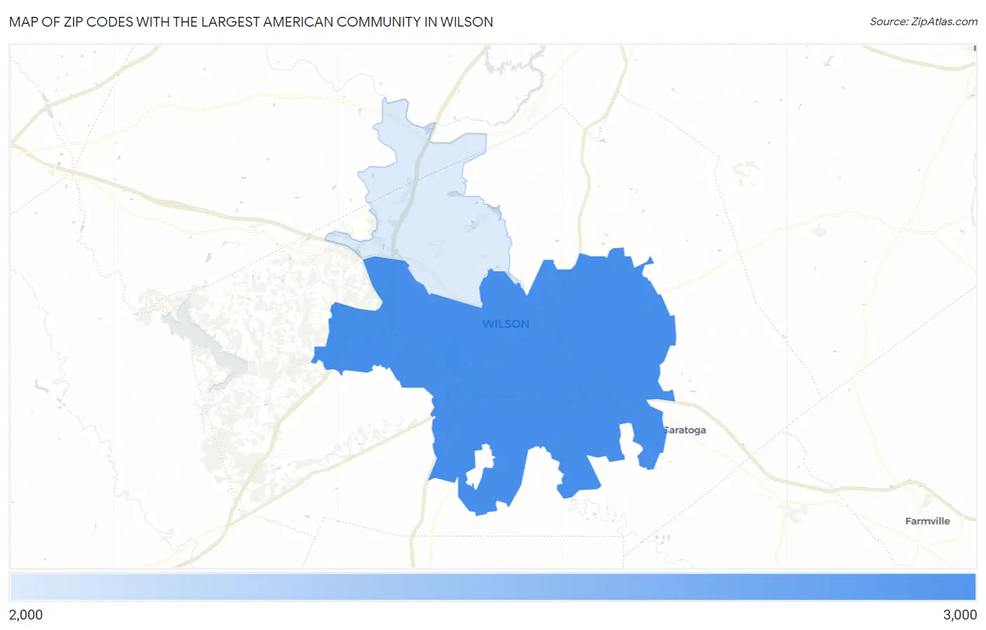 Zip Codes with the Largest American Community in Wilson Map