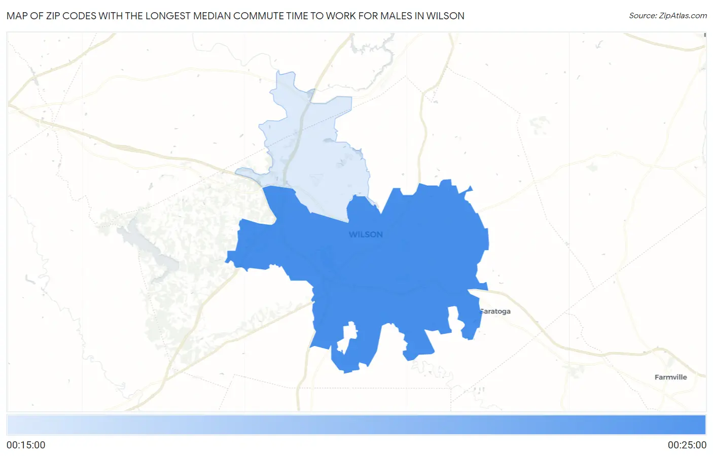 Zip Codes with the Longest Median Commute Time to Work for Males in Wilson Map