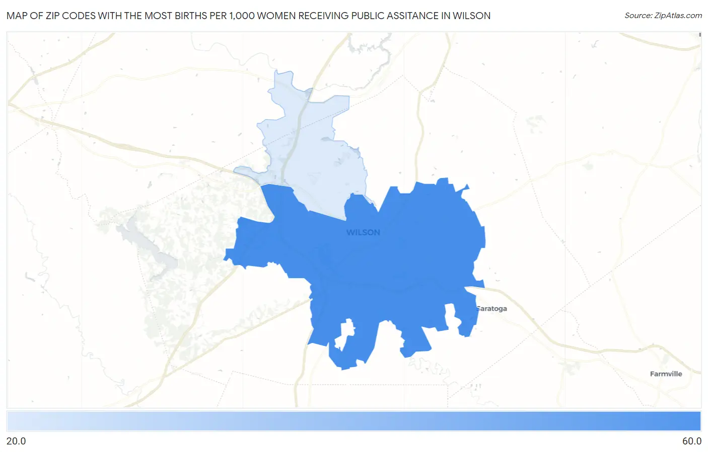 Zip Codes with the Most Births per 1,000 Women Receiving Public Assitance in Wilson Map