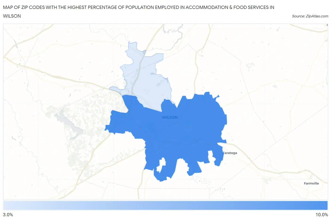 Zip Codes with the Highest Percentage of Population Employed in Accommodation & Food Services in Wilson Map