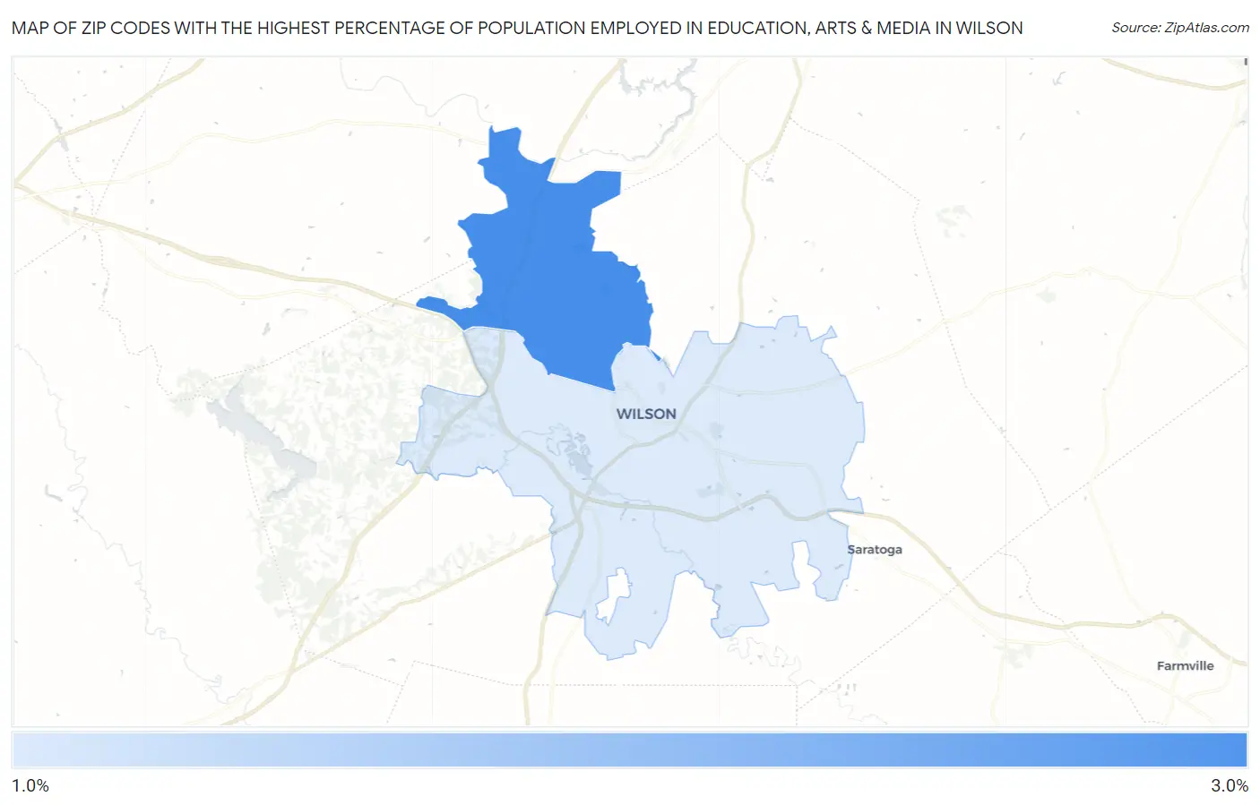 Zip Codes with the Highest Percentage of Population Employed in Education, Arts & Media in Wilson Map