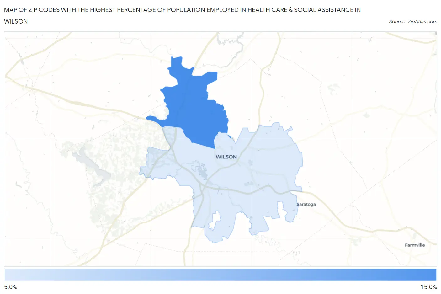 Zip Codes with the Highest Percentage of Population Employed in Health Care & Social Assistance in Wilson Map