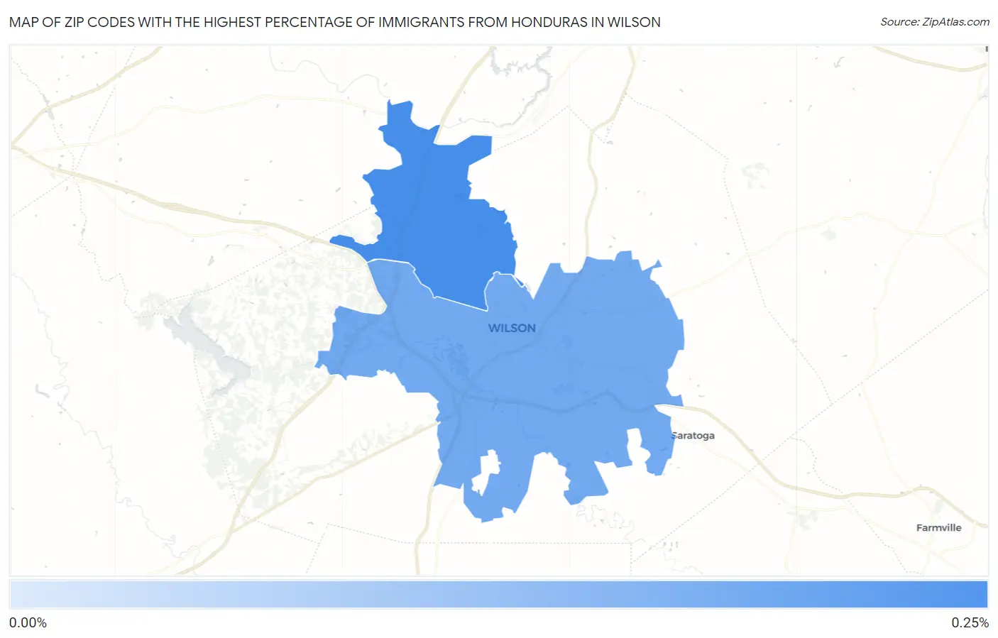 Zip Codes with the Highest Percentage of Immigrants from Honduras in Wilson Map