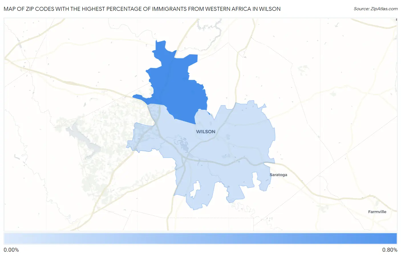 Zip Codes with the Highest Percentage of Immigrants from Western Africa in Wilson Map