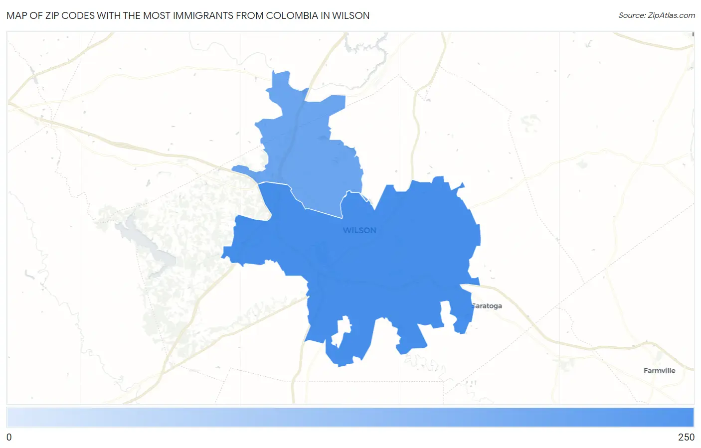 Zip Codes with the Most Immigrants from Colombia in Wilson Map