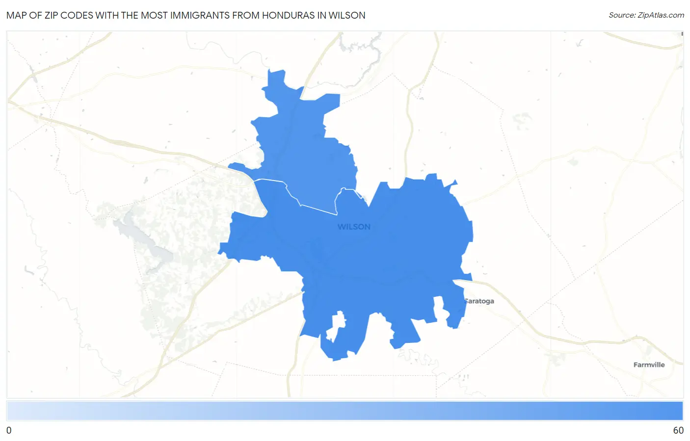 Zip Codes with the Most Immigrants from Honduras in Wilson Map