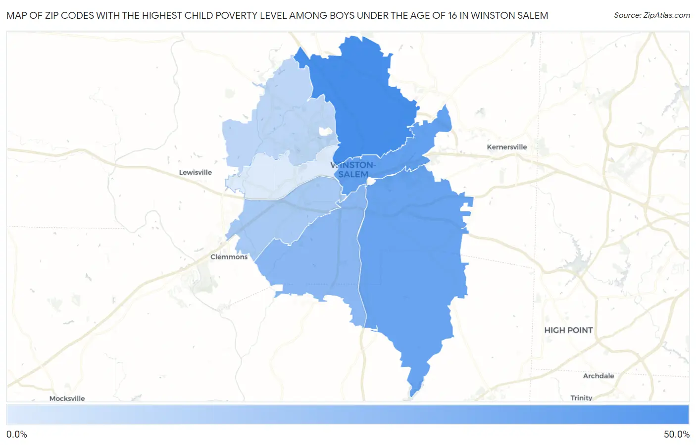Zip Codes with the Highest Child Poverty Level Among Boys Under the Age of 16 in Winston Salem Map