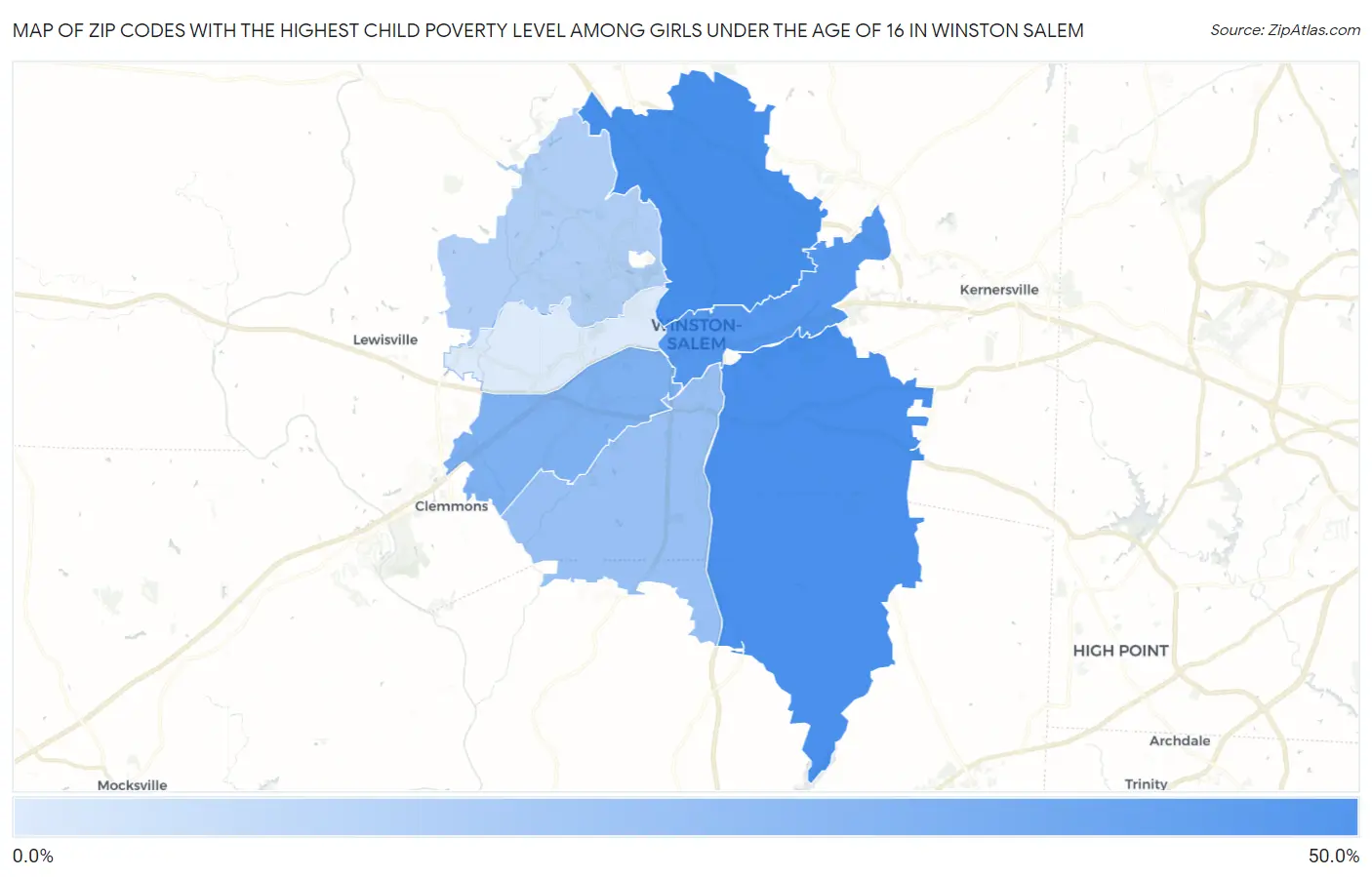 Zip Codes with the Highest Child Poverty Level Among Girls Under the Age of 16 in Winston Salem Map