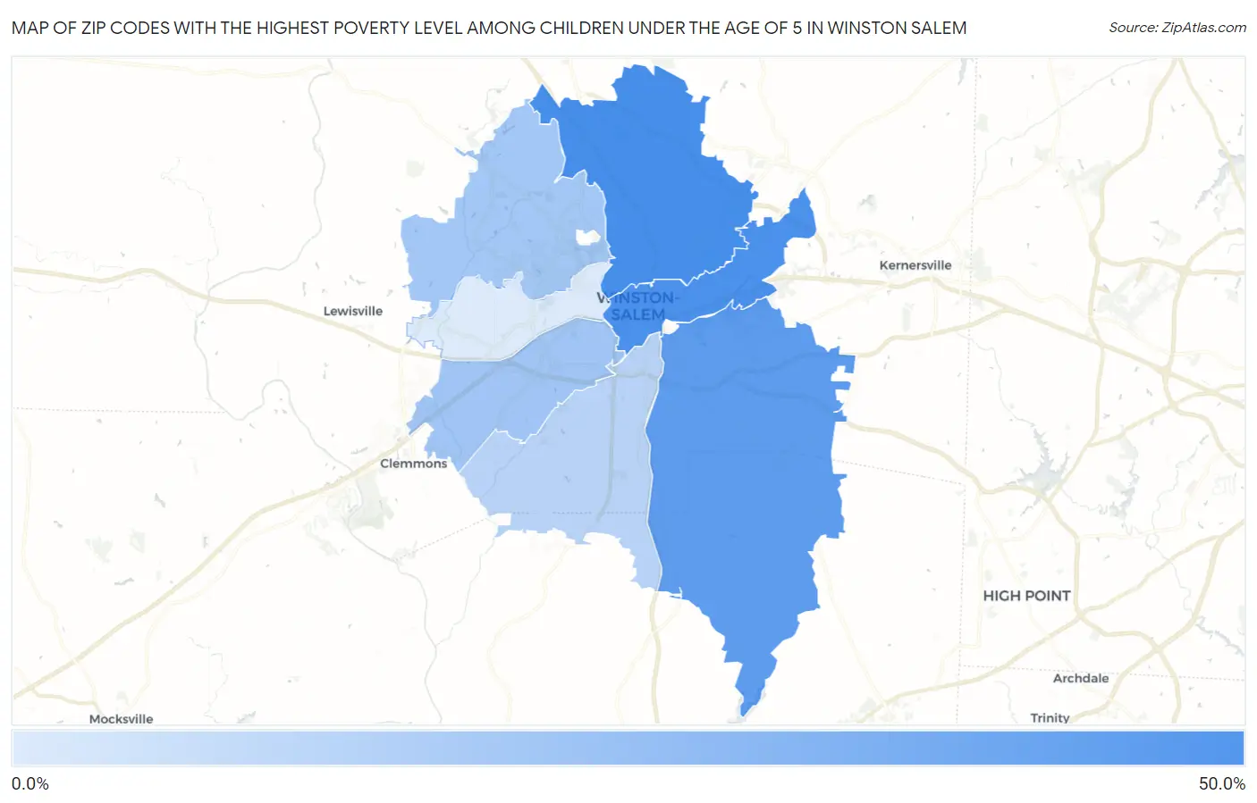 Zip Codes with the Highest Poverty Level Among Children Under the Age of 5 in Winston Salem Map