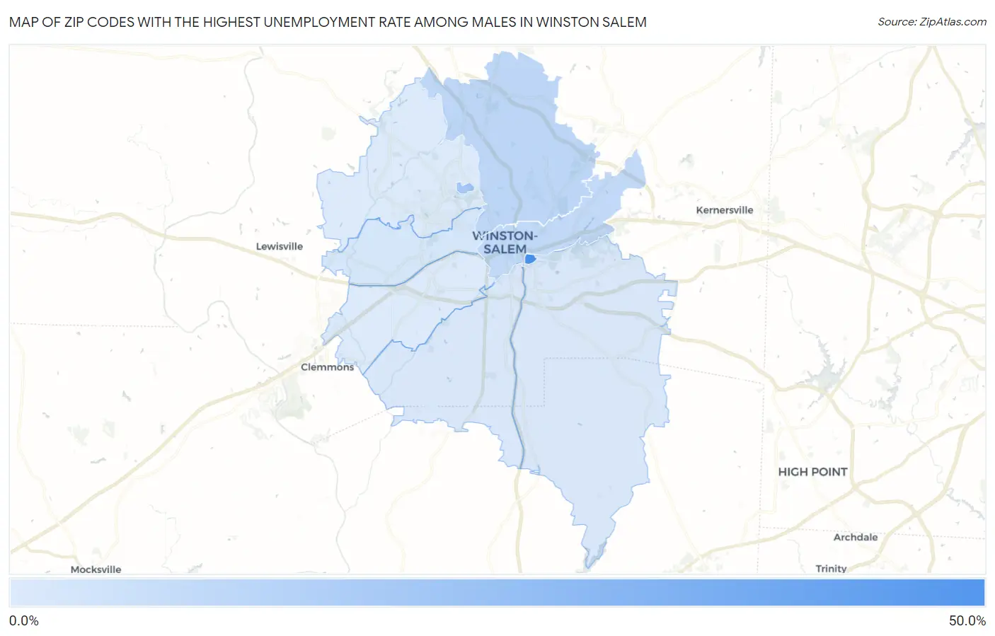 Zip Codes with the Highest Unemployment Rate Among Males in Winston Salem Map