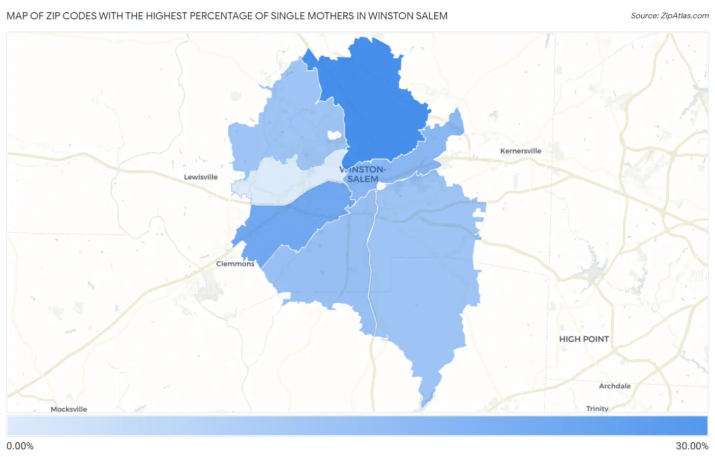 Zip Codes with the Highest Percentage of Single Mothers in Winston Salem Map