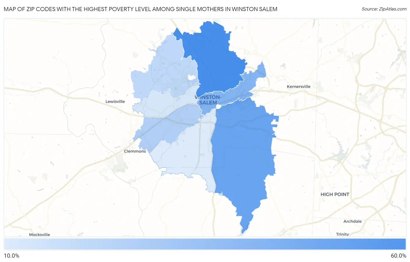Zip Codes with the Highest Poverty Level Among Single Mothers in Winston Salem Map