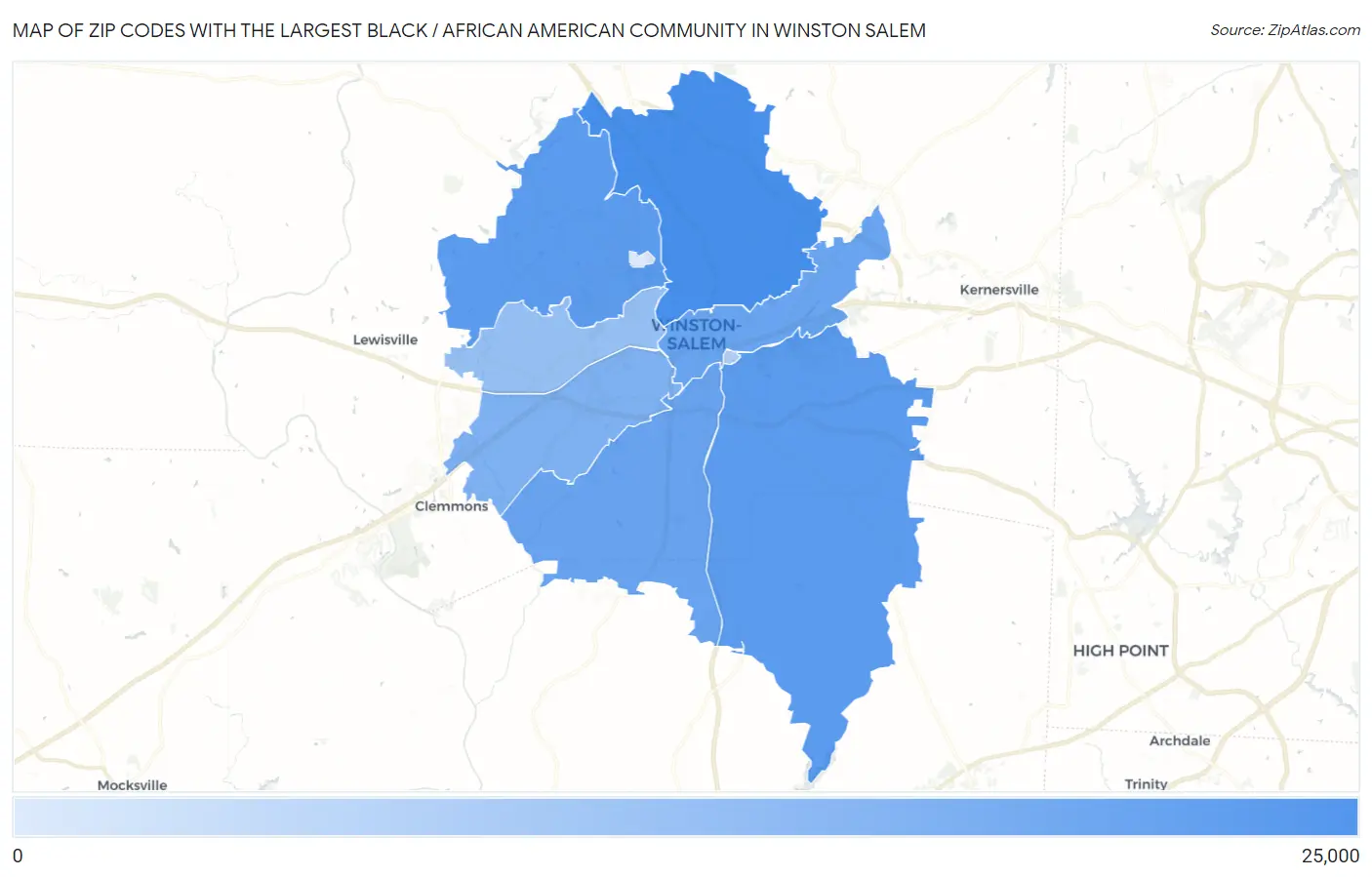 Zip Codes with the Largest Black / African American Community in Winston Salem Map