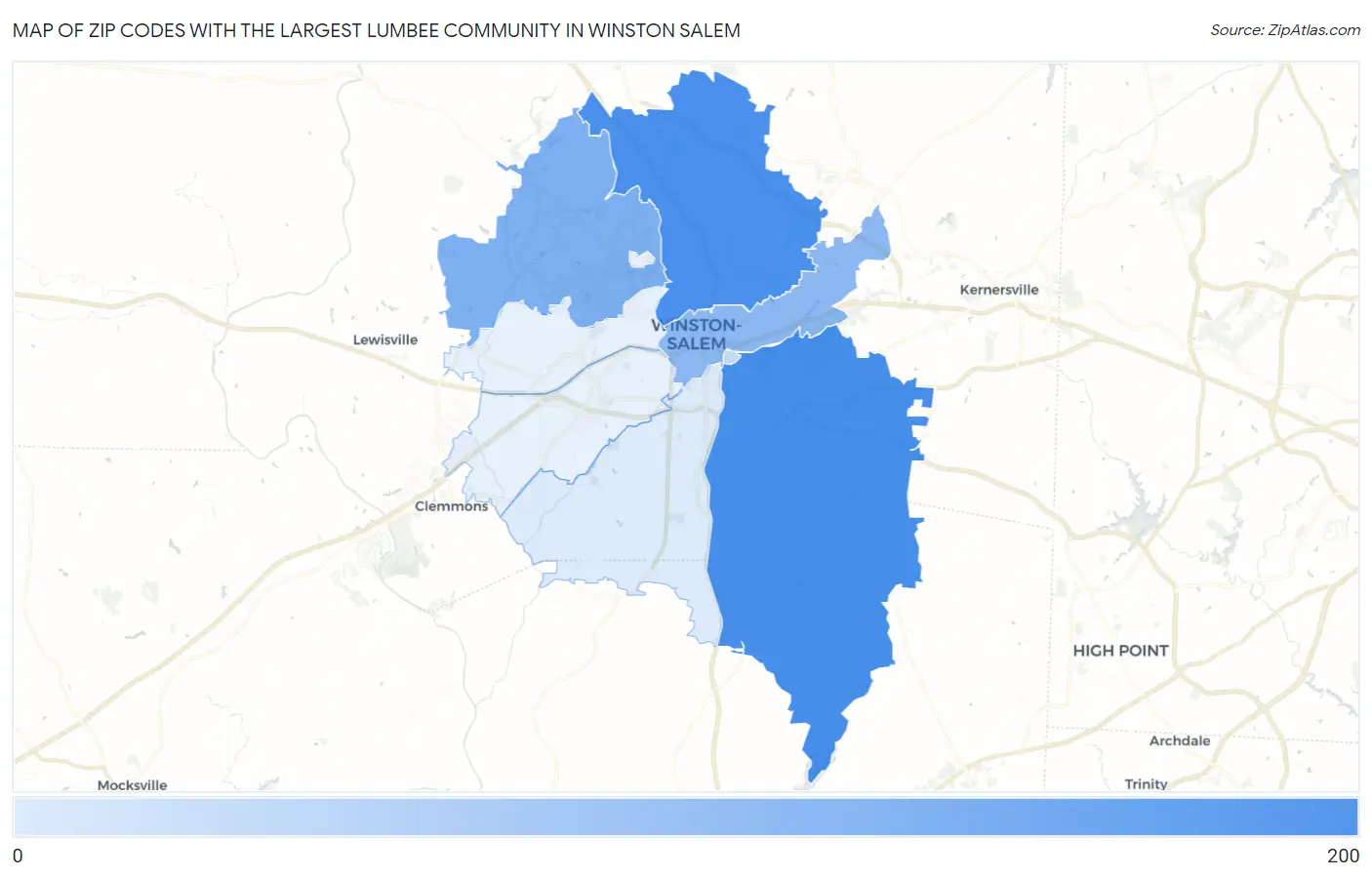 Zip Codes with the Largest Lumbee Community in Winston Salem Map
