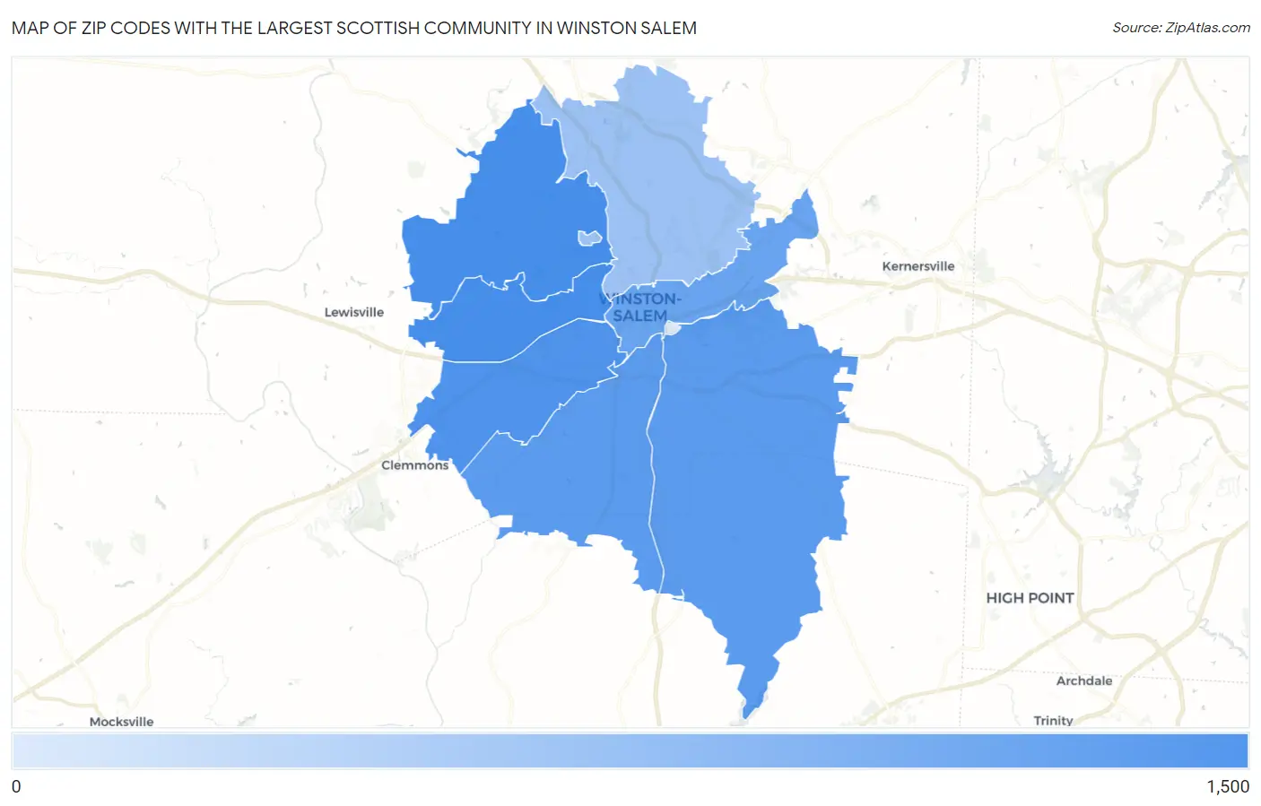 Zip Codes with the Largest Scottish Community in Winston Salem Map