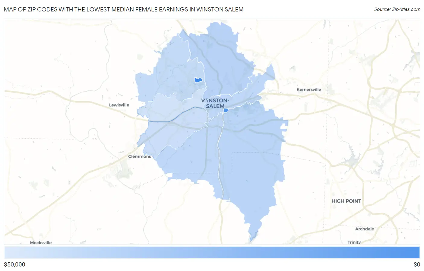 Zip Codes with the Lowest Median Female Earnings in Winston Salem Map