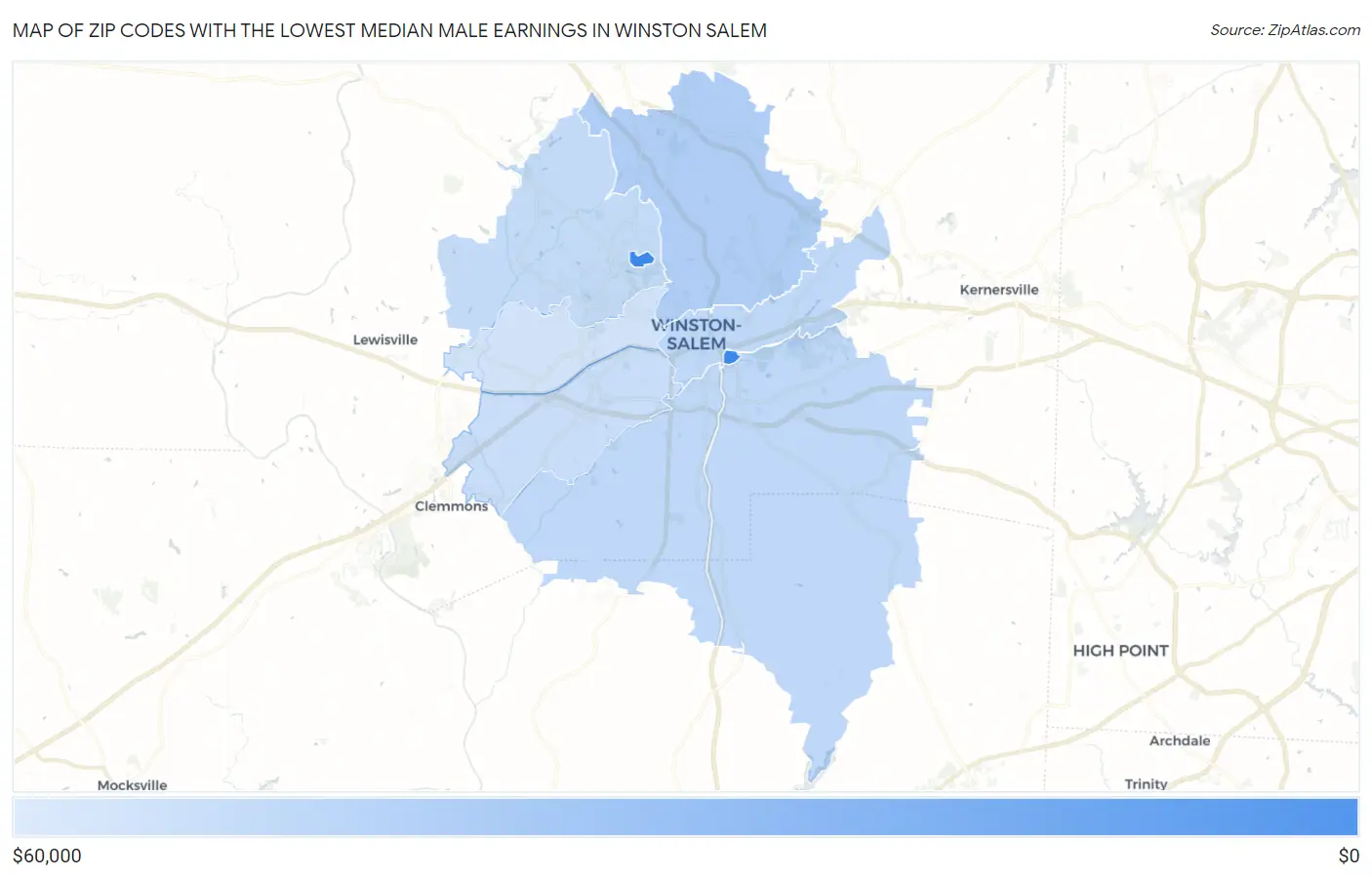Zip Codes with the Lowest Median Male Earnings in Winston Salem Map