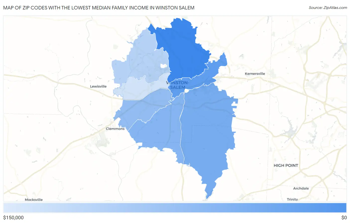 Zip Codes with the Lowest Median Family Income in Winston Salem Map