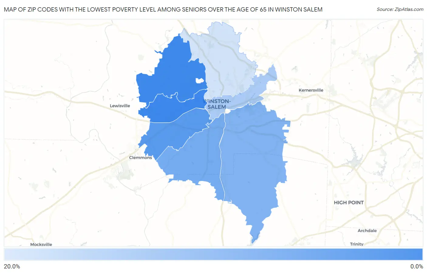 Zip Codes with the Lowest Poverty Level Among Seniors Over the Age of 65 in Winston Salem Map