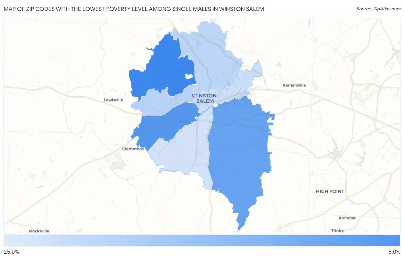 Zip Codes with the Lowest Poverty Level Among Single Males in Winston Salem Map