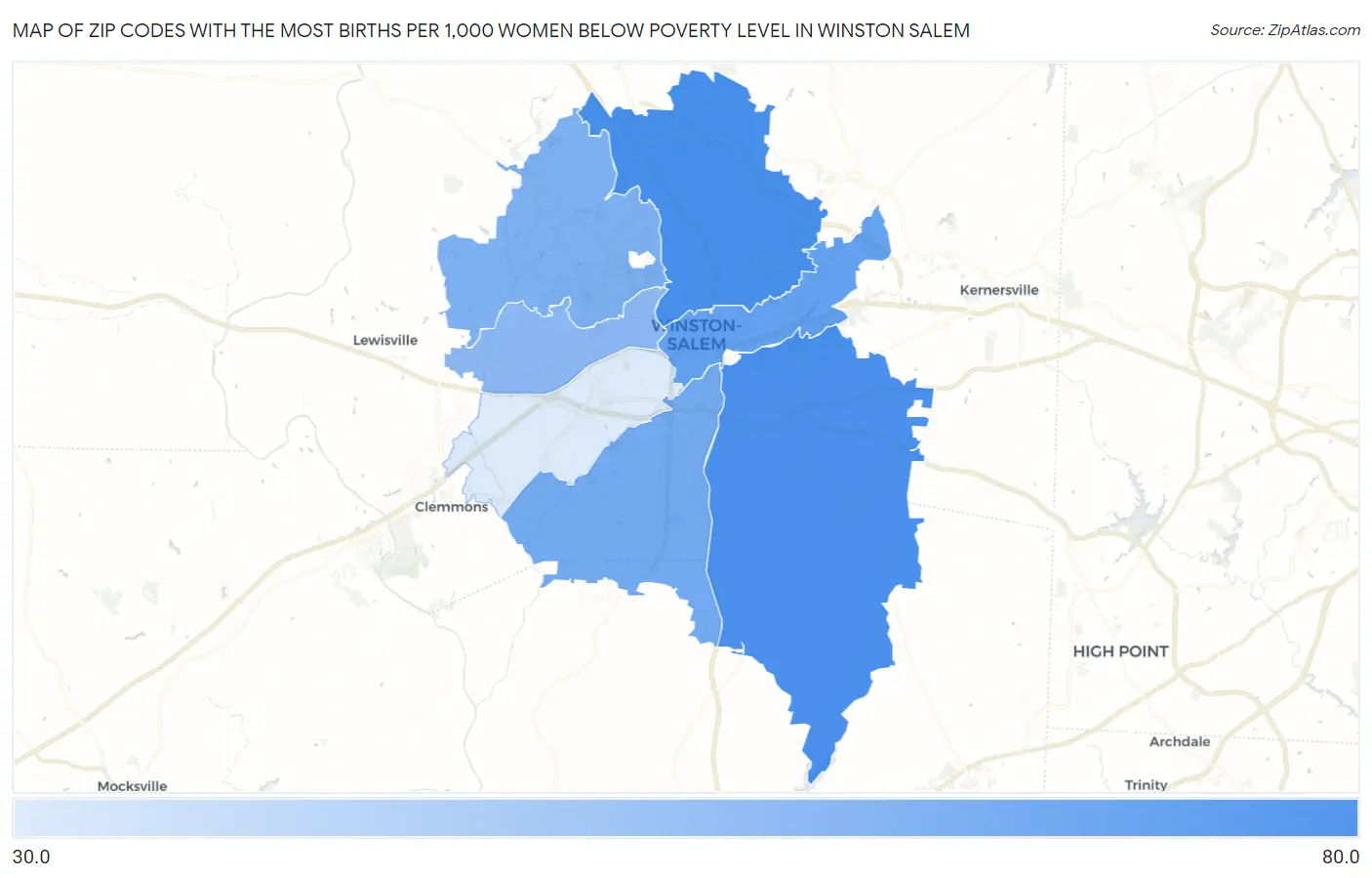 Zip Codes with the Most Births per 1,000 Women Below Poverty Level in Winston Salem Map