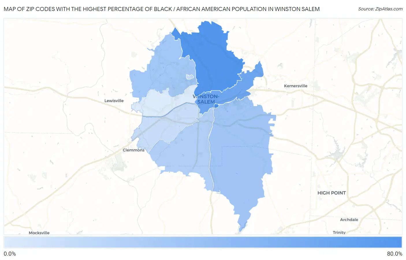 Zip Codes with the Highest Percentage of Black / African American Population in Winston Salem Map