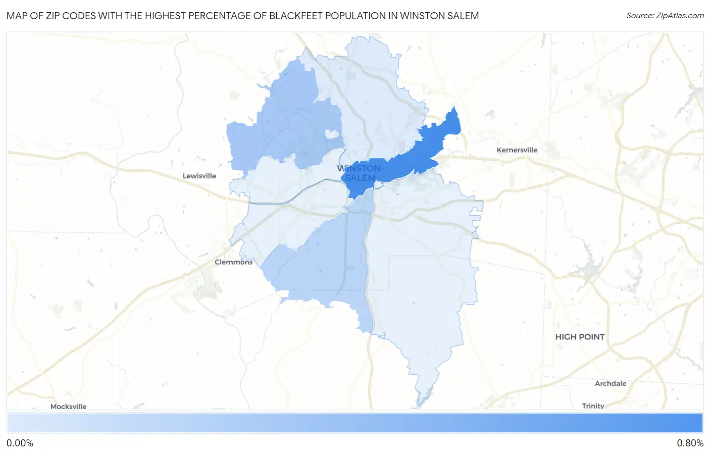 Zip Codes with the Highest Percentage of Blackfeet Population in Winston Salem Map