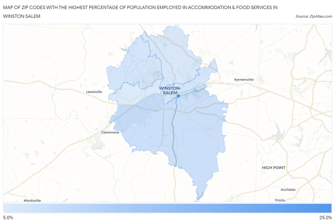 Zip Codes with the Highest Percentage of Population Employed in Accommodation & Food Services in Winston Salem Map