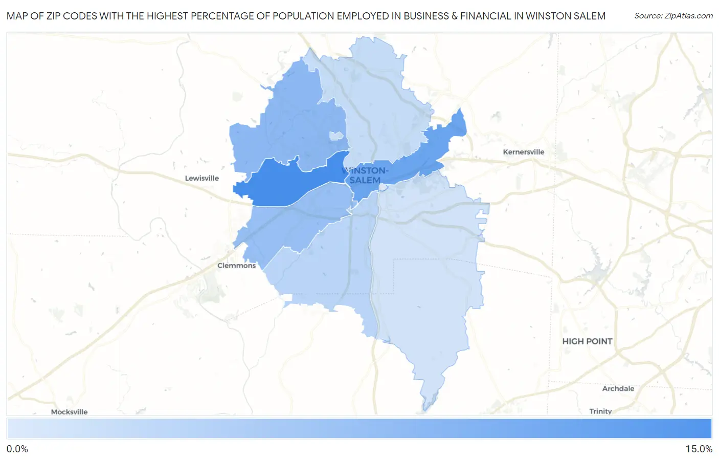 Zip Codes with the Highest Percentage of Population Employed in Business & Financial in Winston Salem Map
