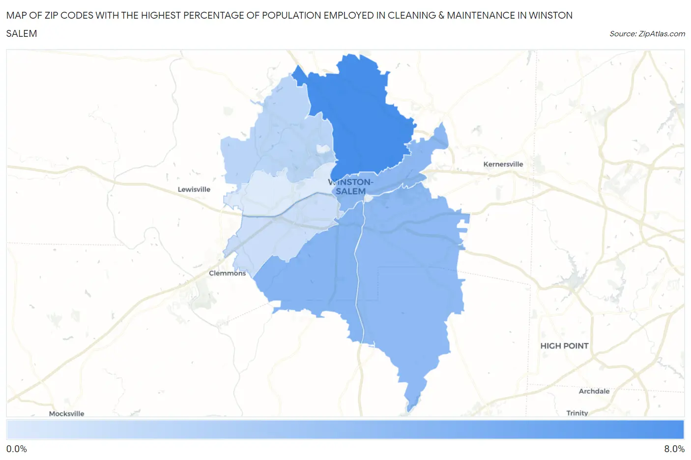 Zip Codes with the Highest Percentage of Population Employed in Cleaning & Maintenance in Winston Salem Map
