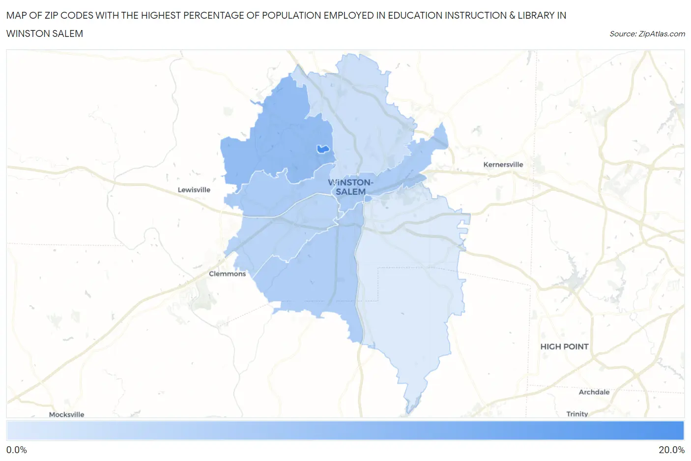 Zip Codes with the Highest Percentage of Population Employed in Education Instruction & Library in Winston Salem Map