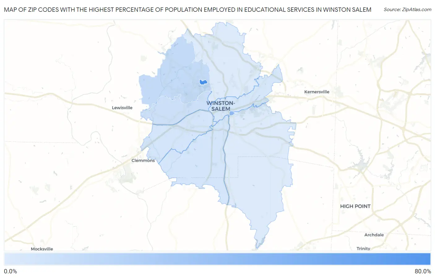 Zip Codes with the Highest Percentage of Population Employed in Educational Services in Winston Salem Map