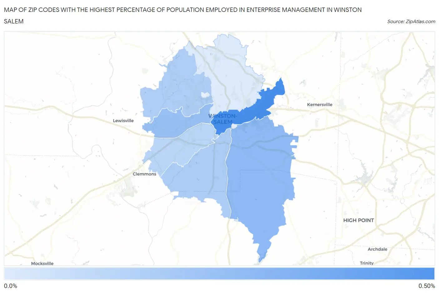 Zip Codes with the Highest Percentage of Population Employed in Enterprise Management in Winston Salem Map