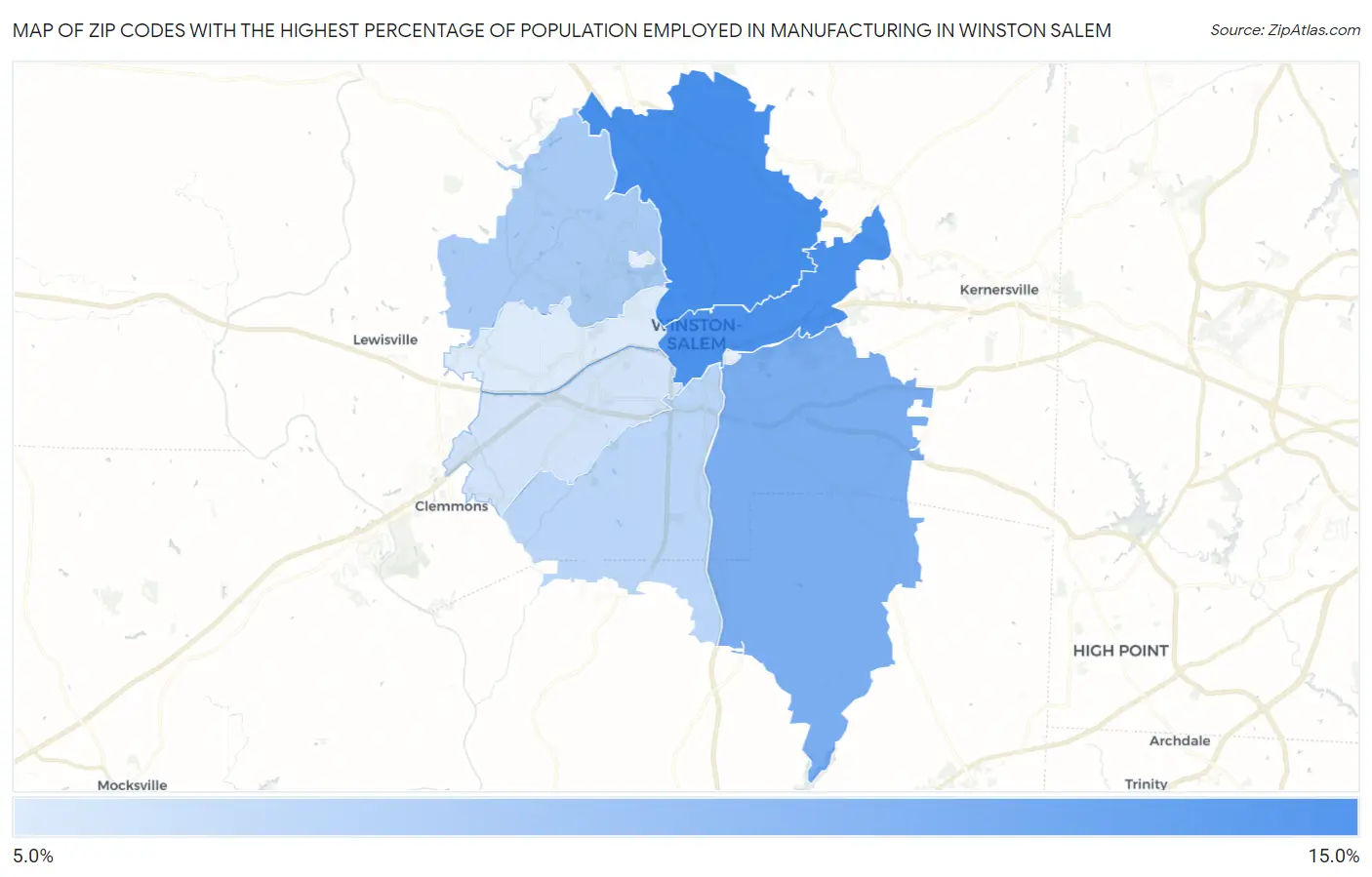 Zip Codes with the Highest Percentage of Population Employed in Manufacturing in Winston Salem Map