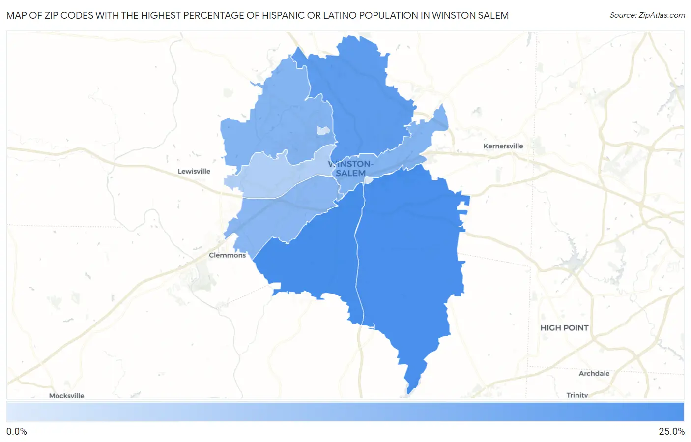 Zip Codes with the Highest Percentage of Hispanic or Latino Population in Winston Salem Map