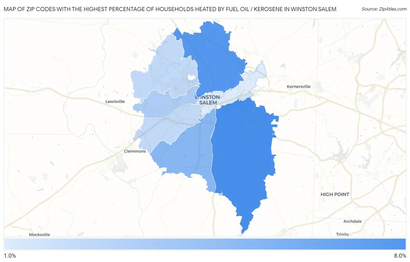 Zip Codes with the Highest Percentage of Households Heated by Fuel Oil / Kerosene in Winston Salem Map