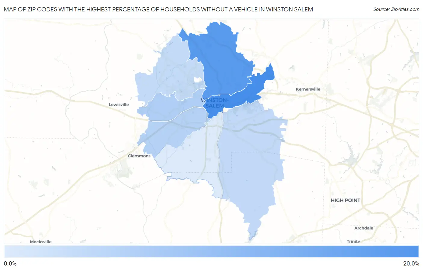 Zip Codes with the Highest Percentage of Households Without a Vehicle in Winston Salem Map