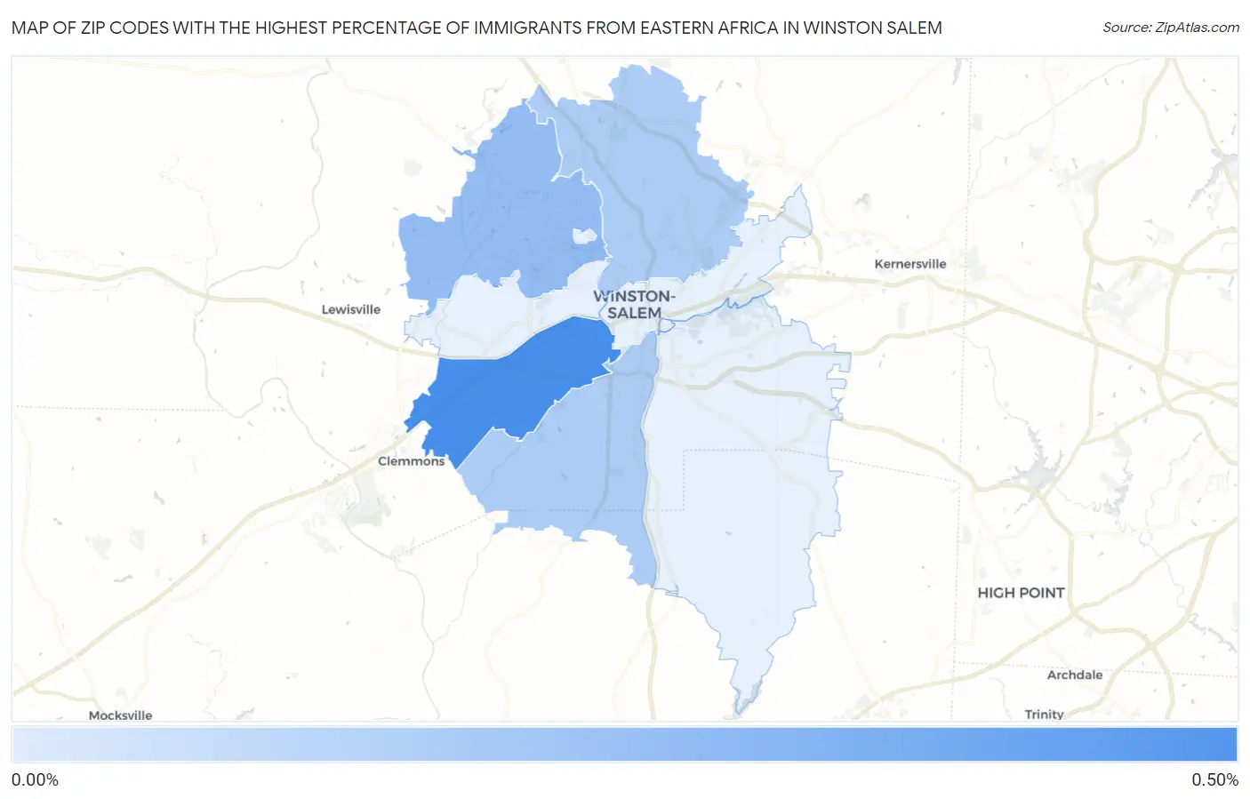 Zip Codes with the Highest Percentage of Immigrants from Eastern Africa in Winston Salem Map