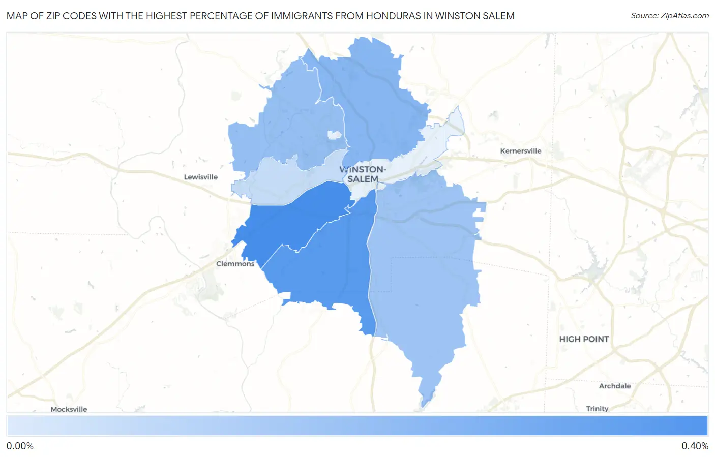 Zip Codes with the Highest Percentage of Immigrants from Honduras in Winston Salem Map