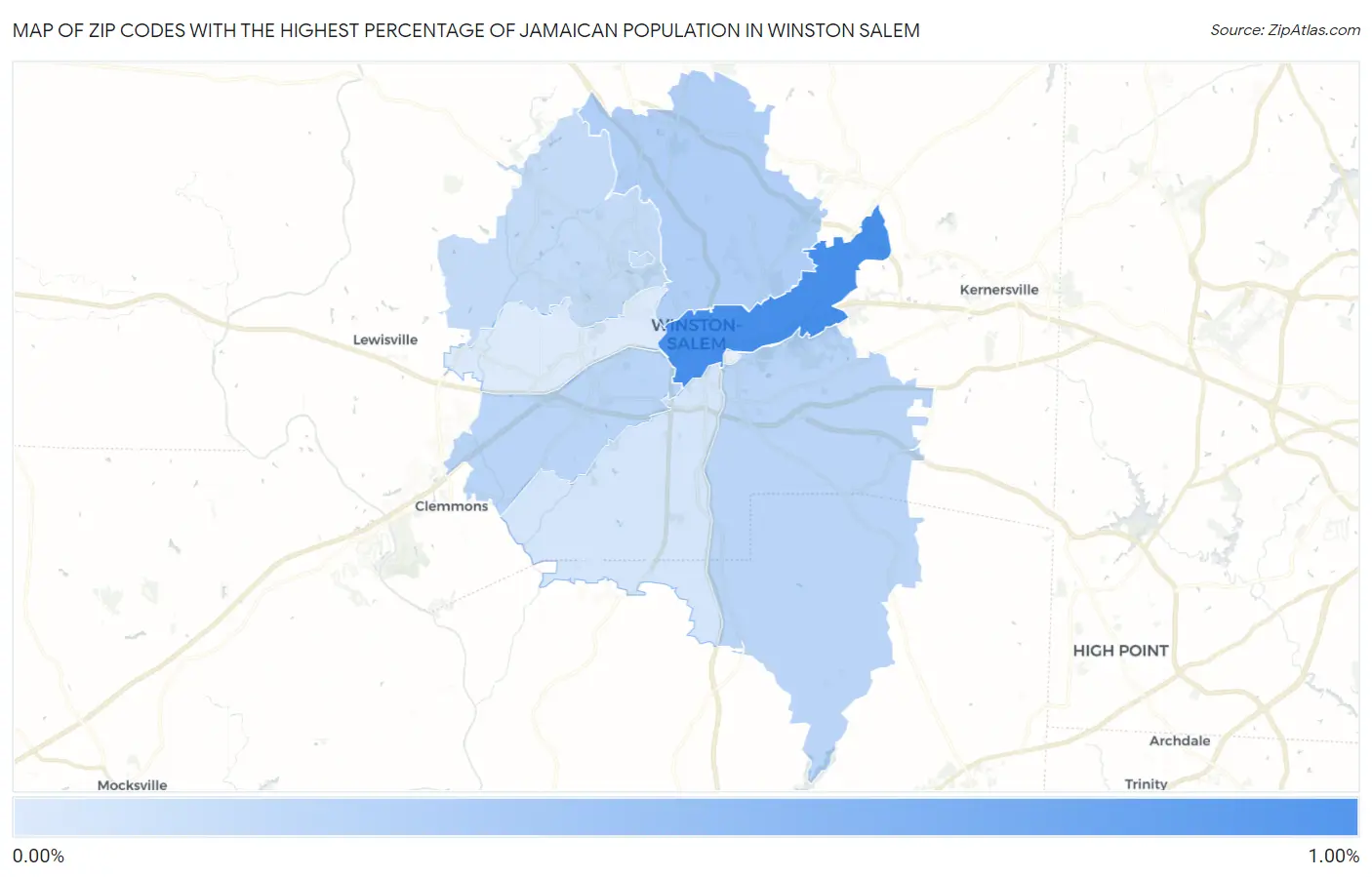 Zip Codes with the Highest Percentage of Jamaican Population in Winston Salem Map
