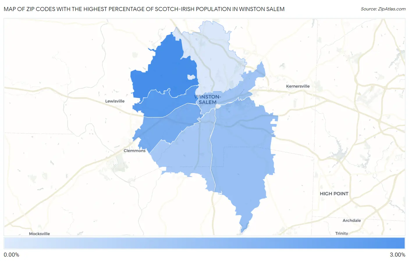 Zip Codes with the Highest Percentage of Scotch-Irish Population in Winston Salem Map